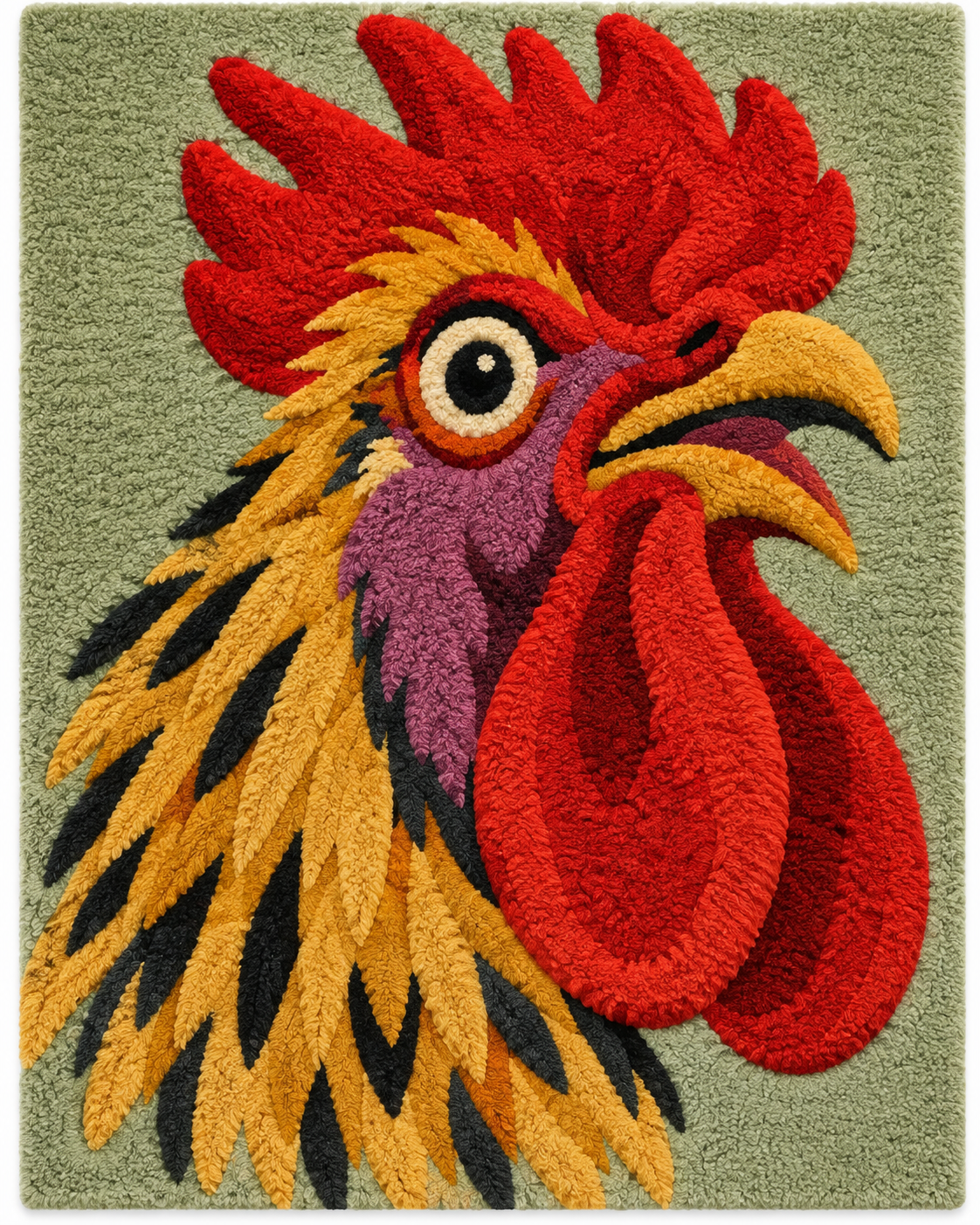 Hewn Earth wall art featuring a golden hackle rooster illustration with detailed feathers and vibrant colors.