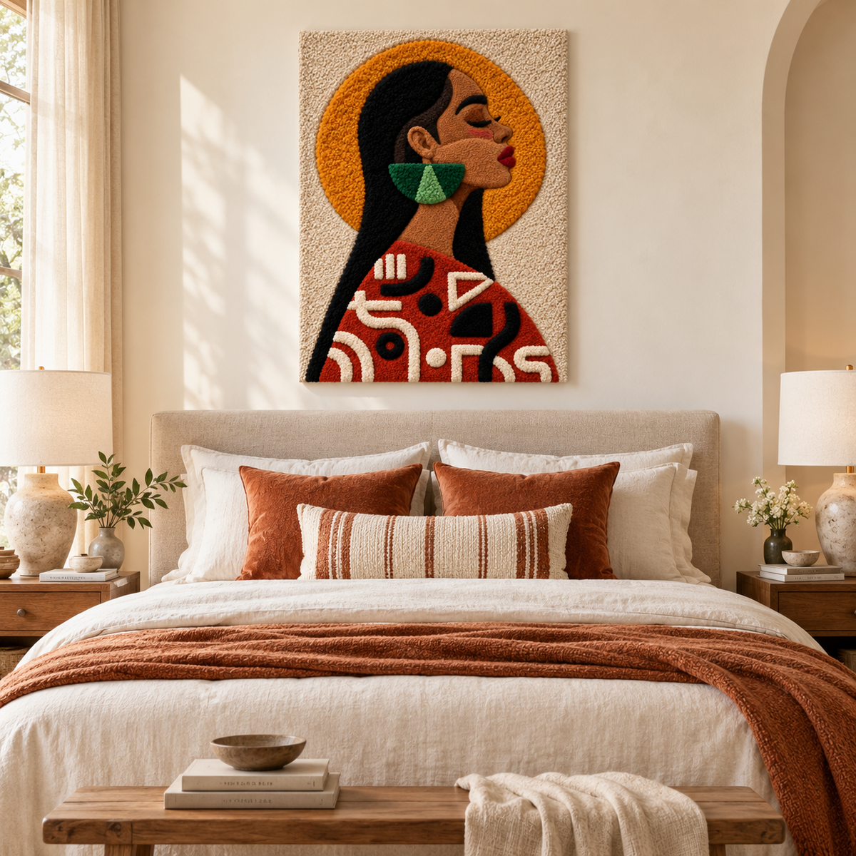 Golden Halo Muse wall art by Hewn Earth displayed in a room setting, featuring a golden abstract design on the wall.