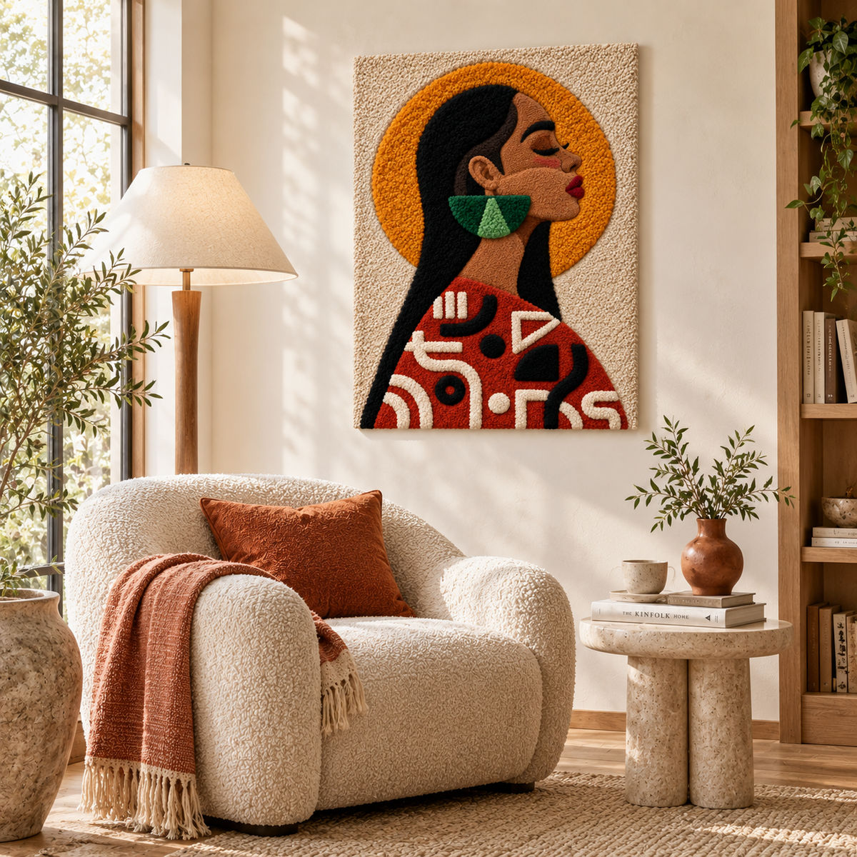 Golden Halo Muse wall art by Hewn Earth displayed in a room scene featuring warm tones and artistic design.