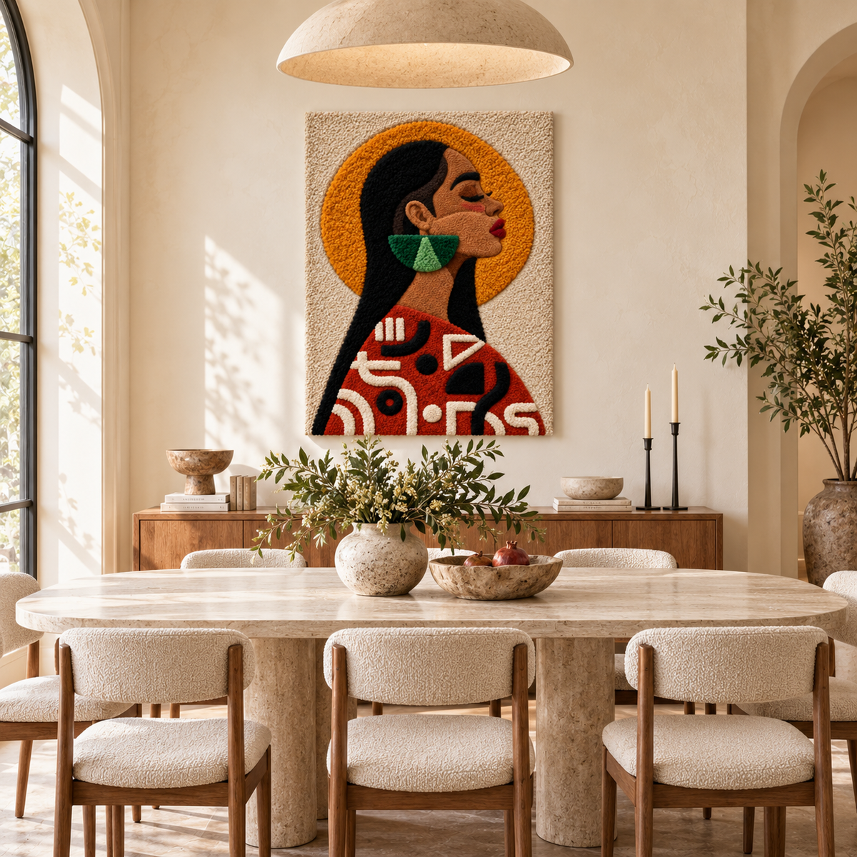 Hewn Earth Golden Halo Muse wall art featuring a golden halo design in a modern room setting.
