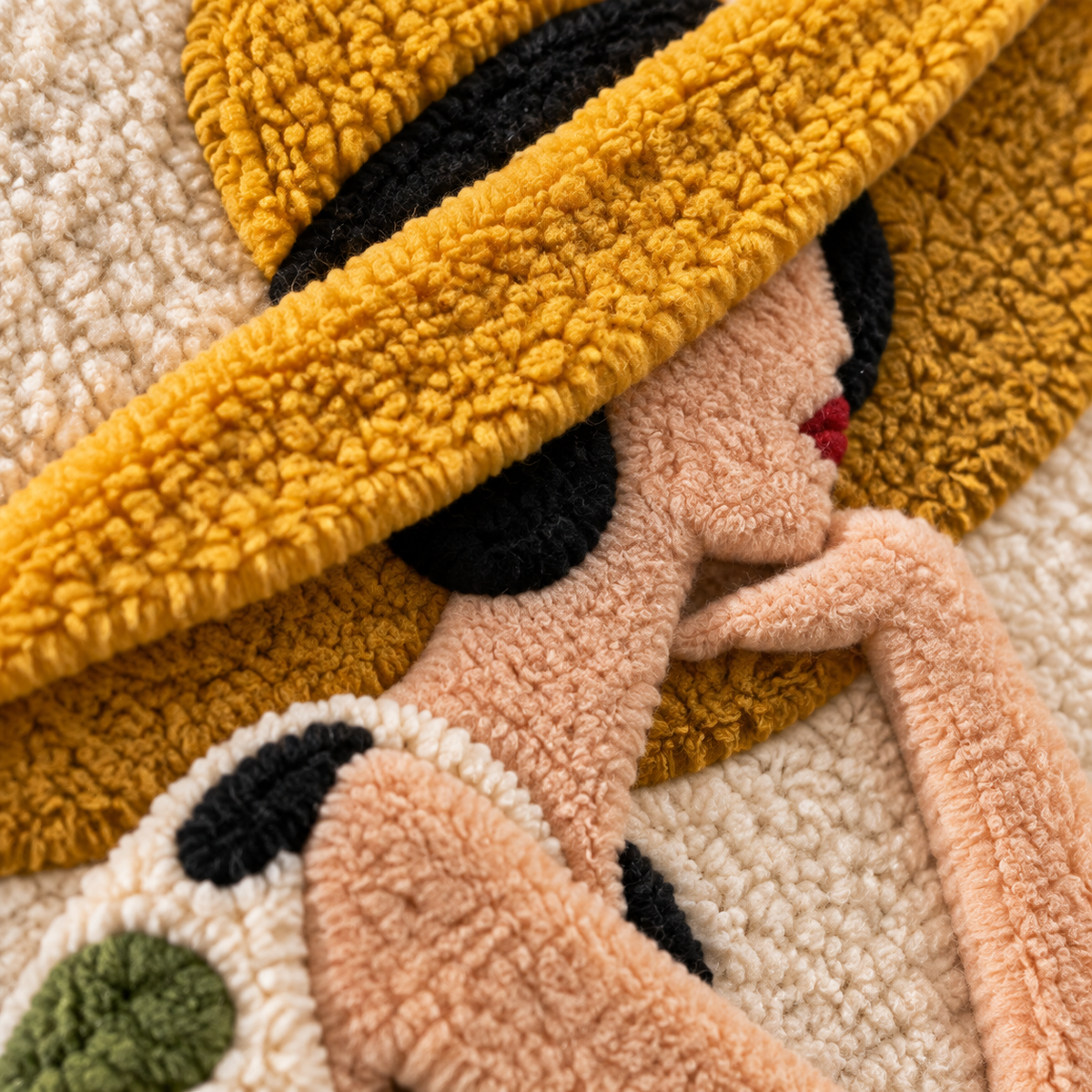 Golden Hat Garden Pause — tufted wool texture detail