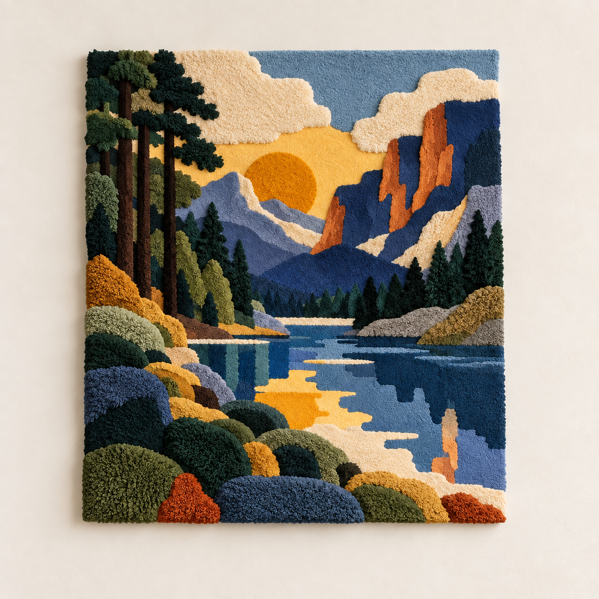 Hewn Earth wall art titled "Golden Hour at Alpine Lake" showcasing a scenic mountain lake during sunset with warm golden light.