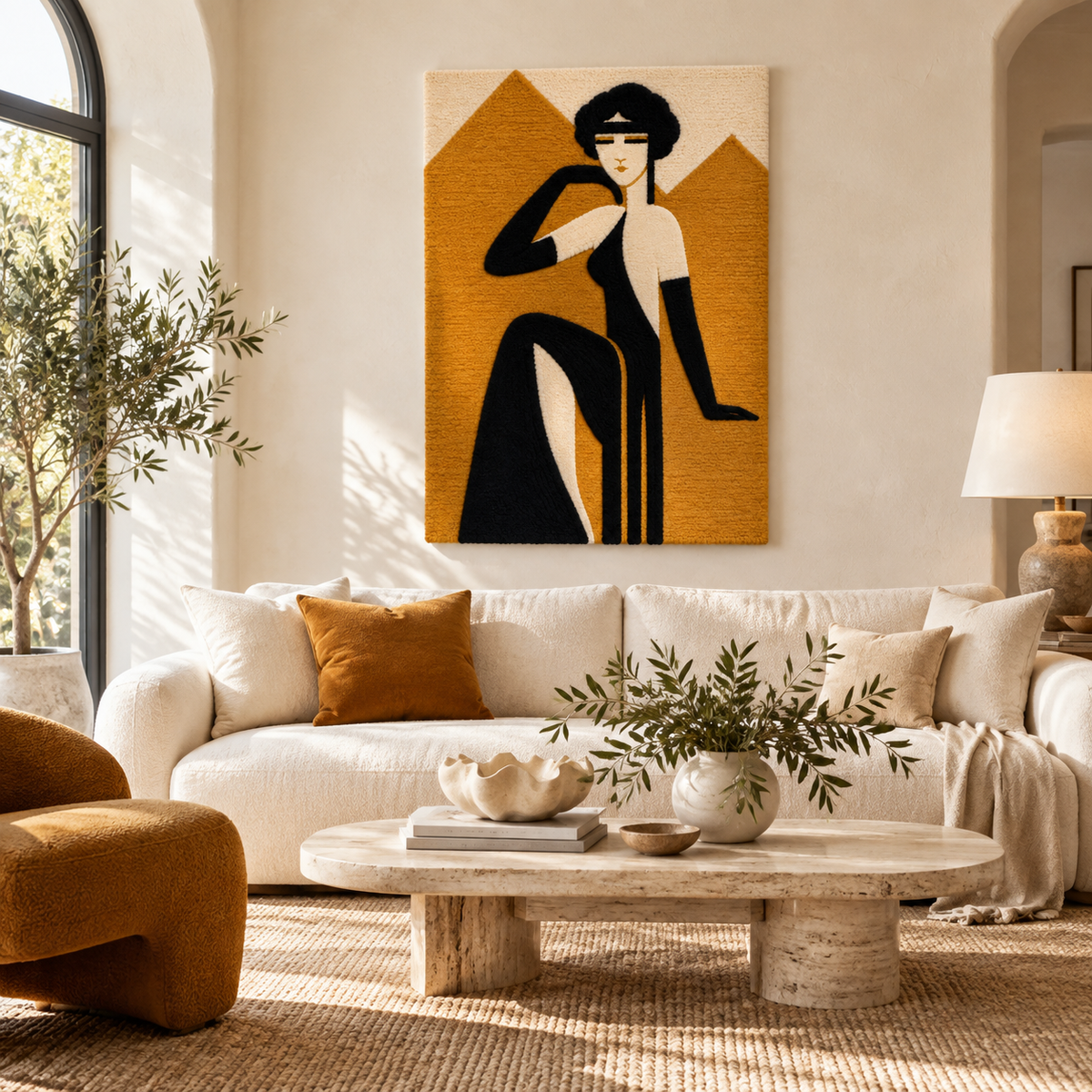 Golden Hour Poise wall art by Hewn Earth, featuring warm, abstract design with golden tones, displayed on a modern room wall.