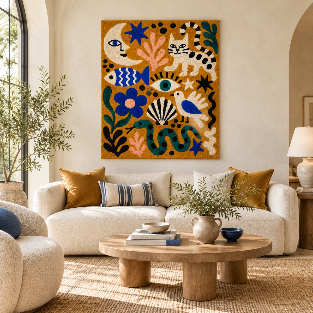 Golden Moon Menagerie wall art by Hewn Earth featuring a detailed, artistic moon and animal design for home décor.
