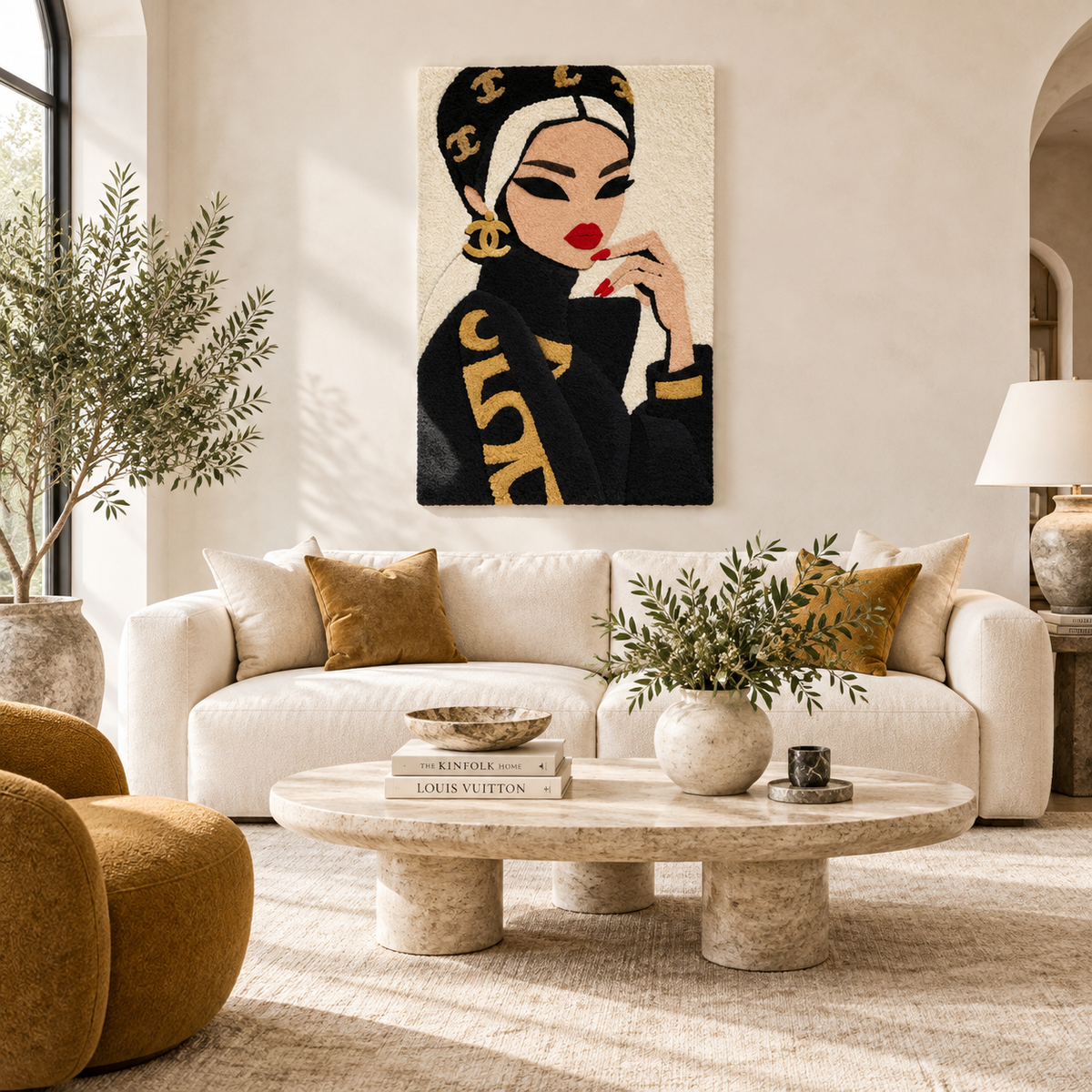 Hewn Earth Golden Motifs Midnight Muse wall art with intricate golden patterns on a dark background, displayed in a room setting.