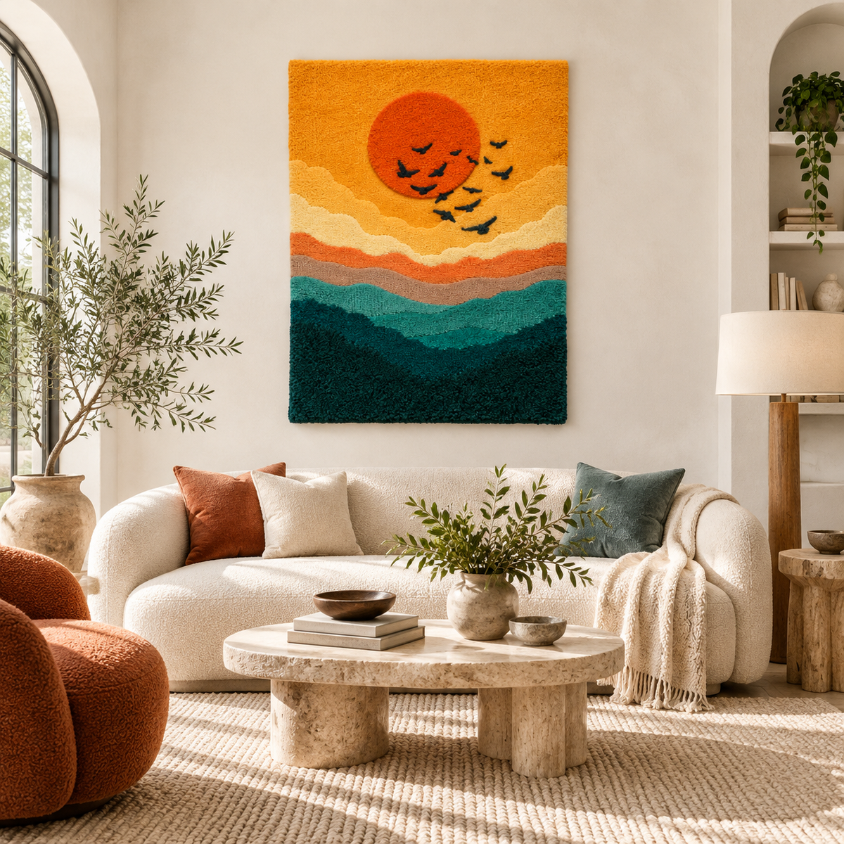 Hewn Earth Golden Mountain Migration wall art, vibrant mountain landscape illustration for interior decor.