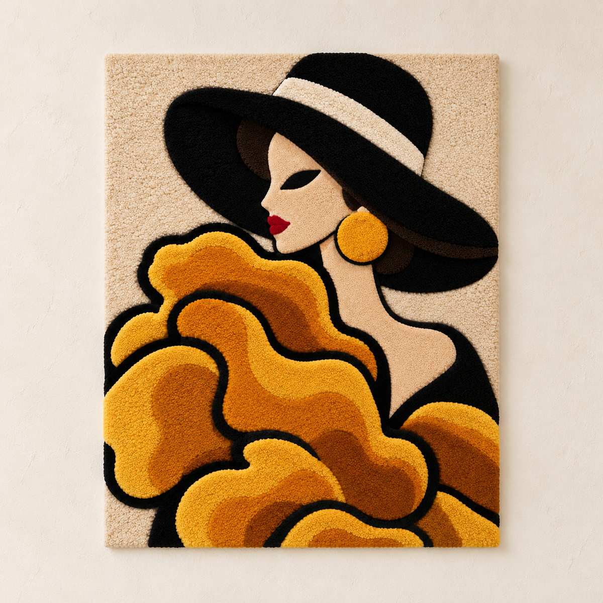 Wall art featuring golden ruffles beneath a black brim by Hewn Earth, showcasing textured fabric and artistic design.