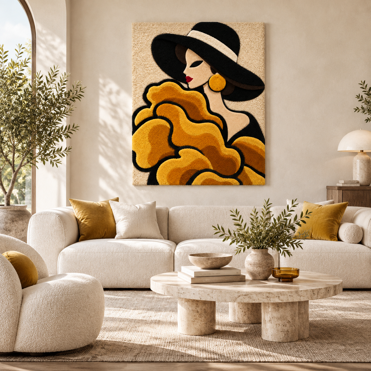 Wall art featuring golden ruffles beneath a black brim, designed by Hewn Earth for a stylish room decor accent.