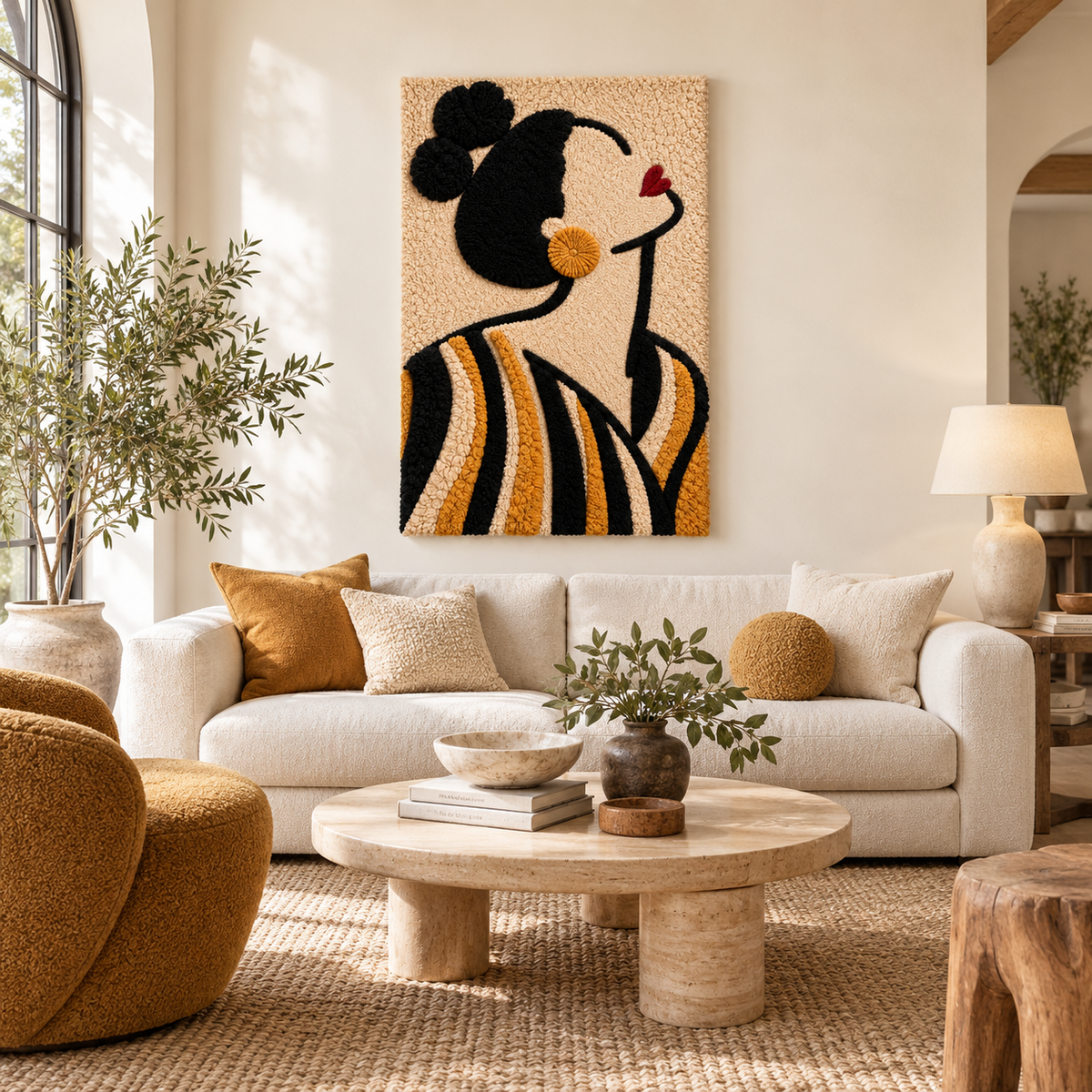 Hewn Earth Golden Stripe Profile wall art, featuring a modern abstract design with golden and neutral tones, displayed in a room setting.