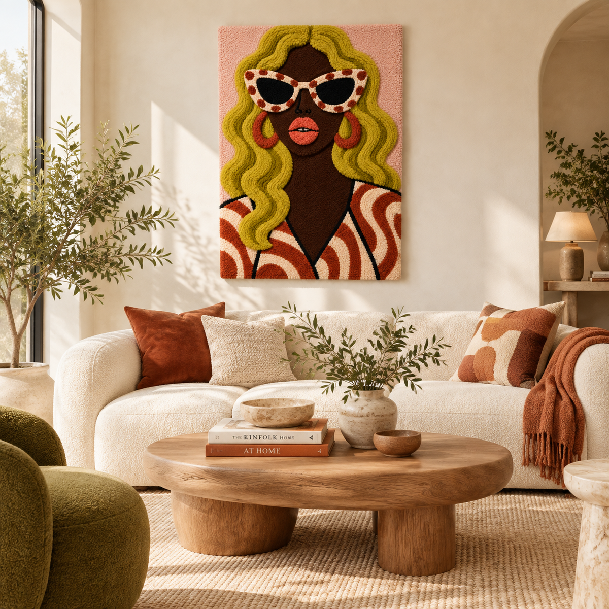 Hewn Earth wall art featuring golden waves in a cat eye design hanging on a room wall.