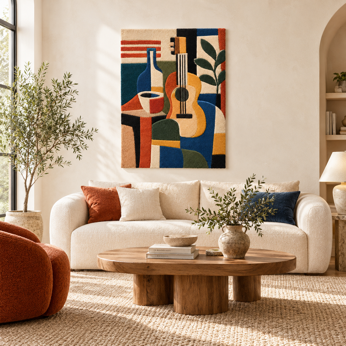 Guitar and the Evening Cup — front-facing room scene