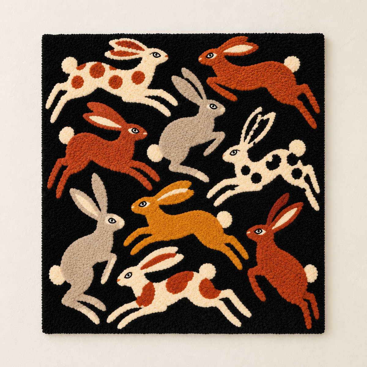 Hewn Earth wall art featuring hares in a night garden, with detailed illustrations of rabbits among trees and plants.