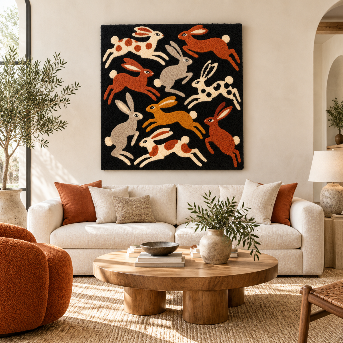 Hewn Earth wall art featuring hares in a night garden, with detailed illustrations of hares and moonlit garden scenery.