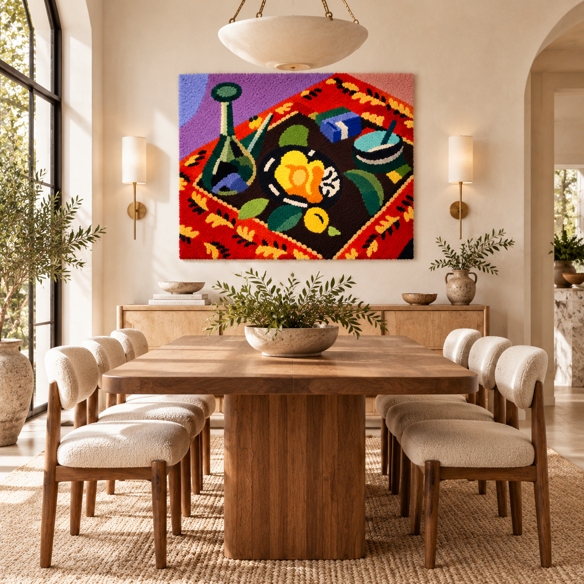 Dishes and Fruit on a Red and Black Carpet after Henri Matisse — room setting
