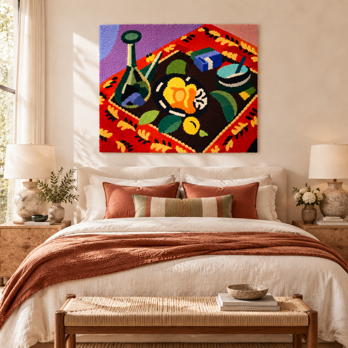 Dishes and Fruit on a Red and Black Carpet after Henri Matisse — room setting