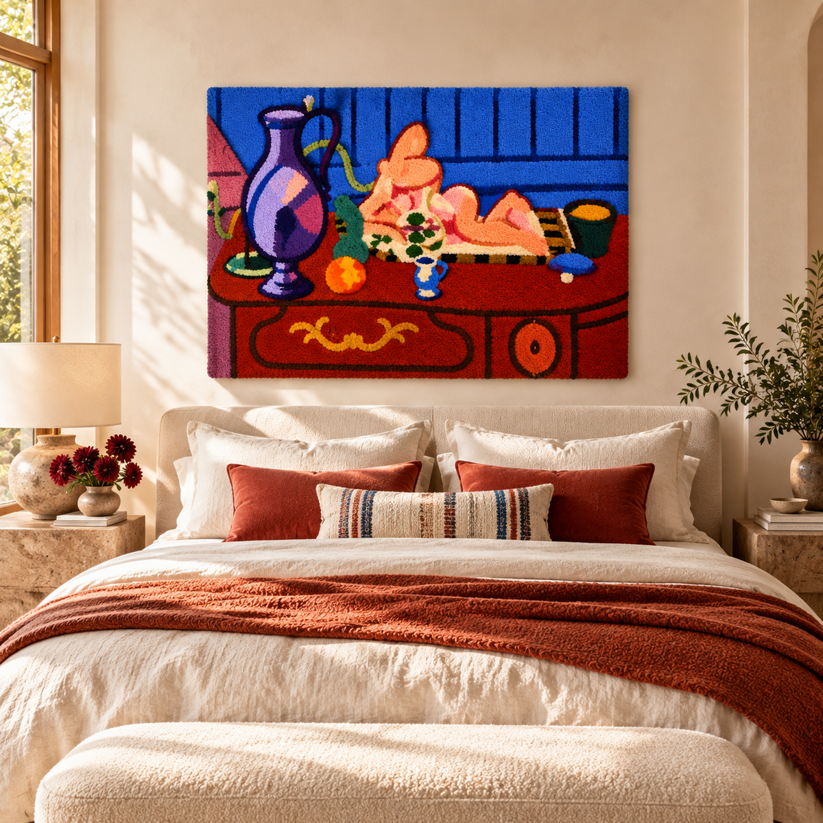 Pink Statuette and Jug on a Red Chest of Drawers after Henri Matisse — room setting