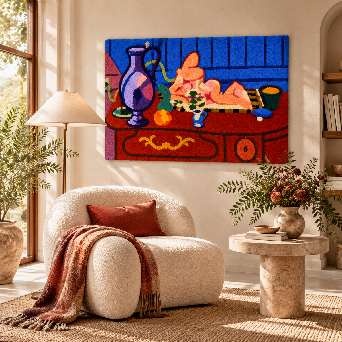 Pink Statuette and Jug on a Red Chest of Drawers after Henri Matisse — room setting