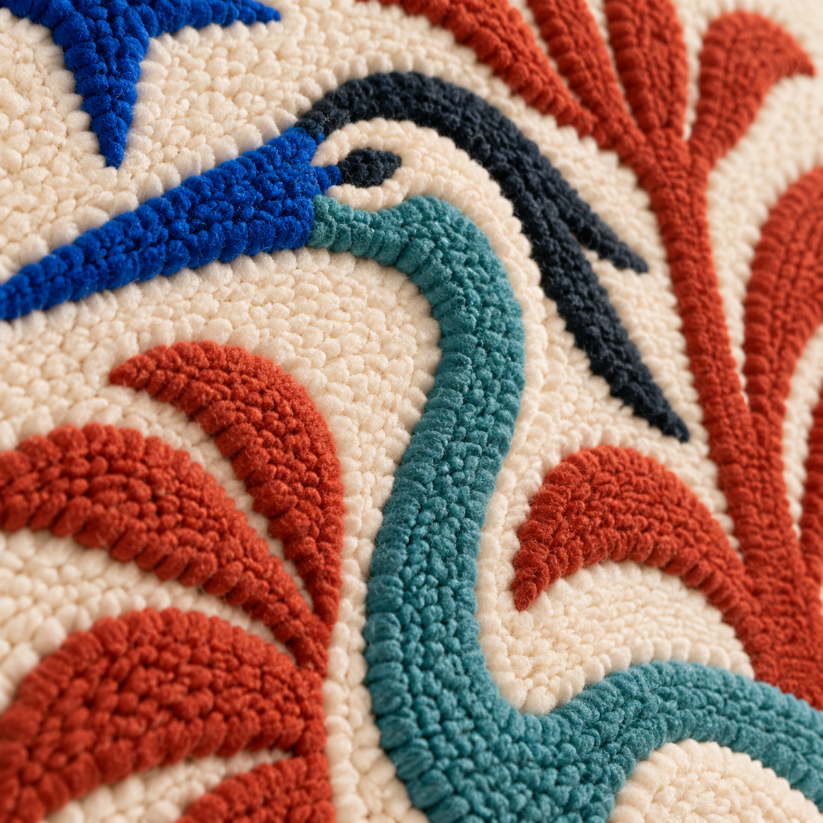 Heron and Rust Fronds — tufted wool texture detail