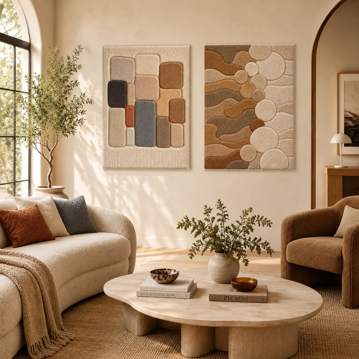 Neutral Color Block Grid × River Pebbles paired wool wall art in a styled room — Stone and Stillness