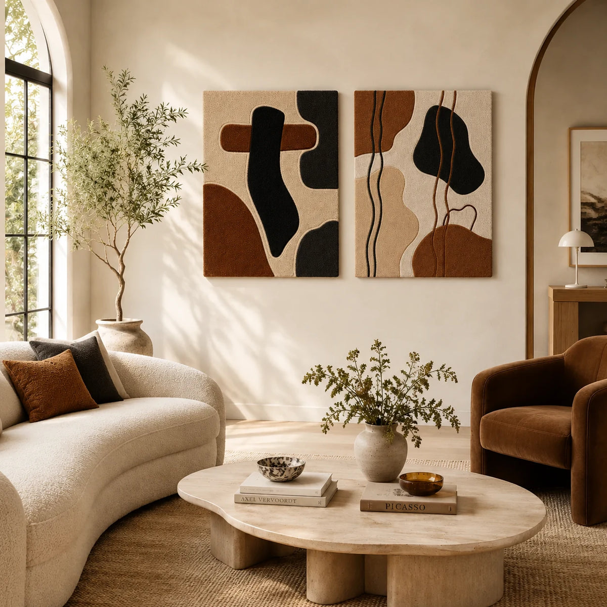 Miró-Style Abstract × Organic Line Abstract paired wool wall art in a styled room — Earthbound Ink