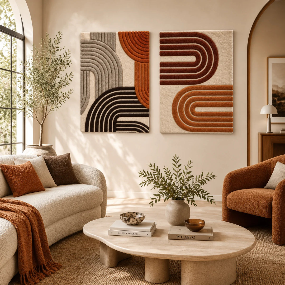 Terracotta and Cocoa Ribbed Arches × Terracotta Turnback Ribbons paired wool wall art in a styled room — Terracotta Turning Points
