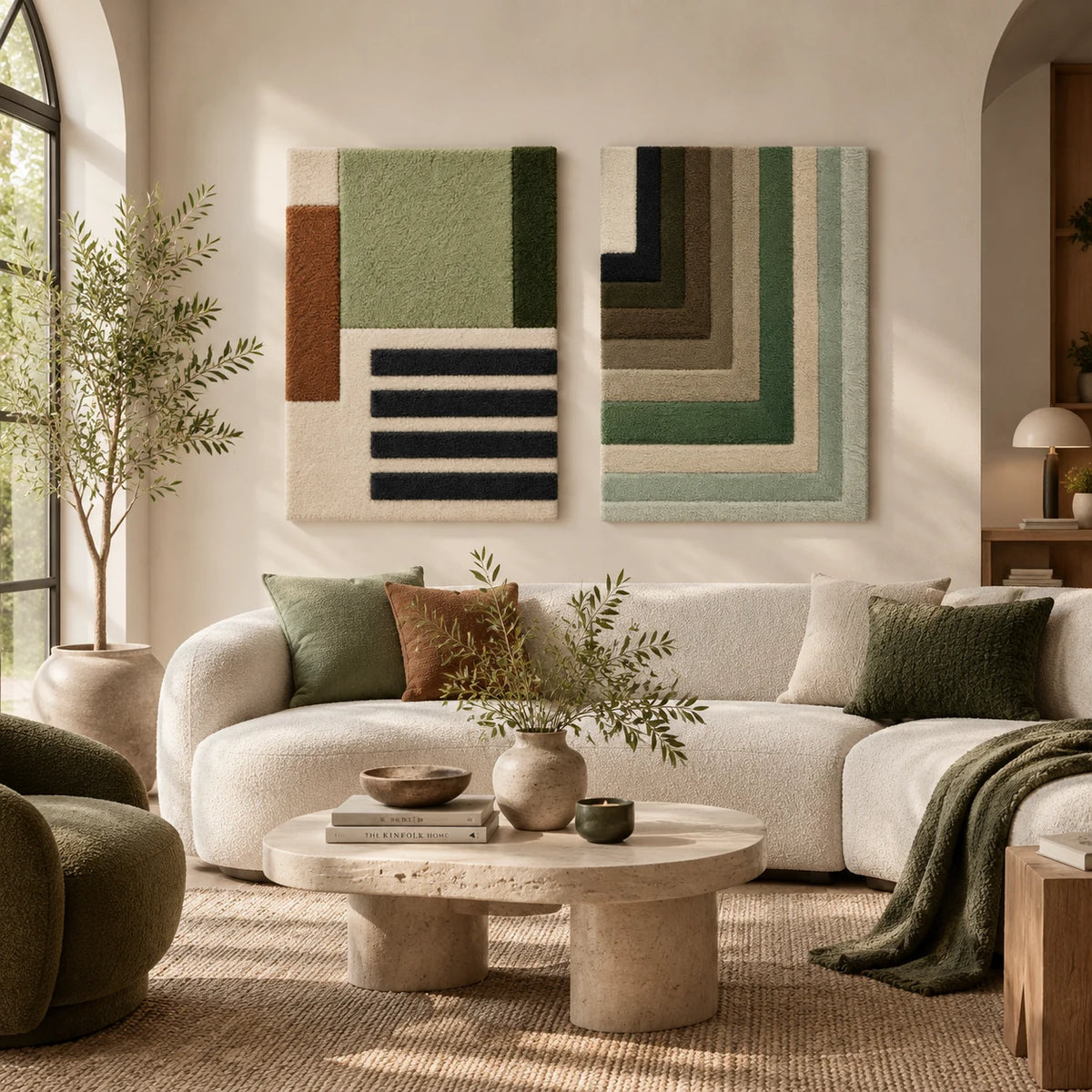 Sage Stripe Study × Sage Corner Echoes paired wool wall art in a styled room — Sage Measured Lines