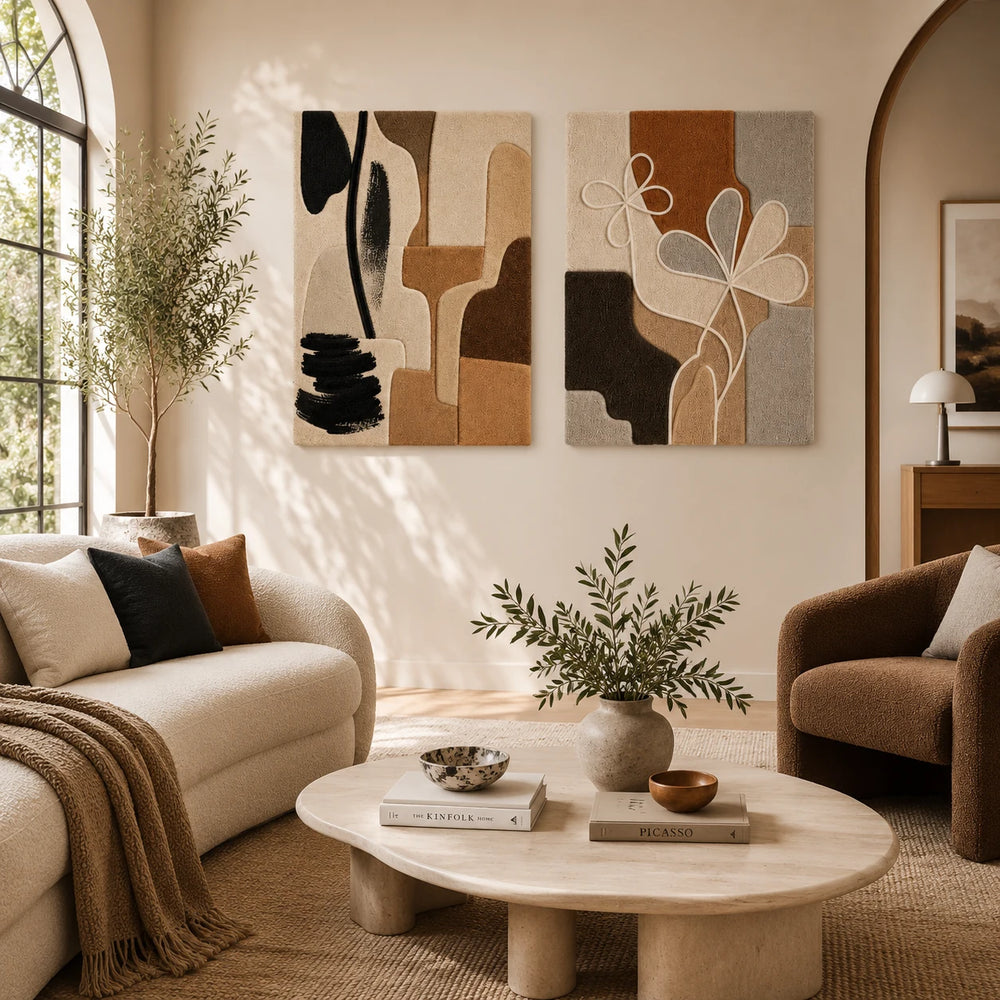 Earthbound Forms × Floral Modernist Abstract paired wool wall art in a styled room — Earthen Line Garden