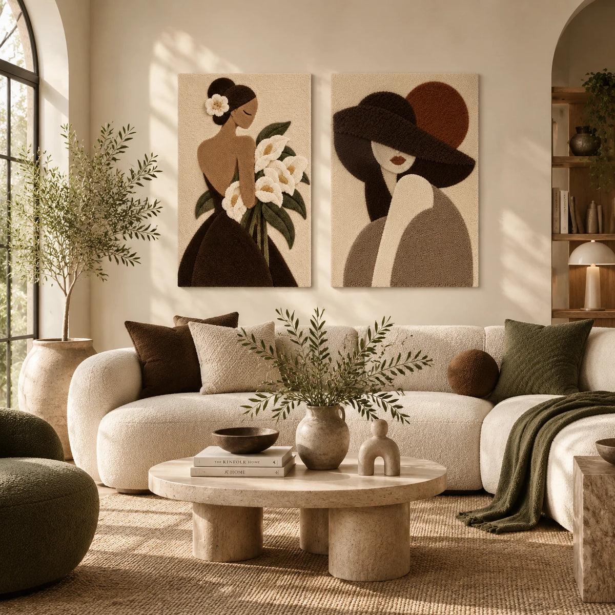 Calla Lily Reverie × Quiet Muse beneath Umber Brim paired wool wall art in a styled room — Quiet Earth Muses