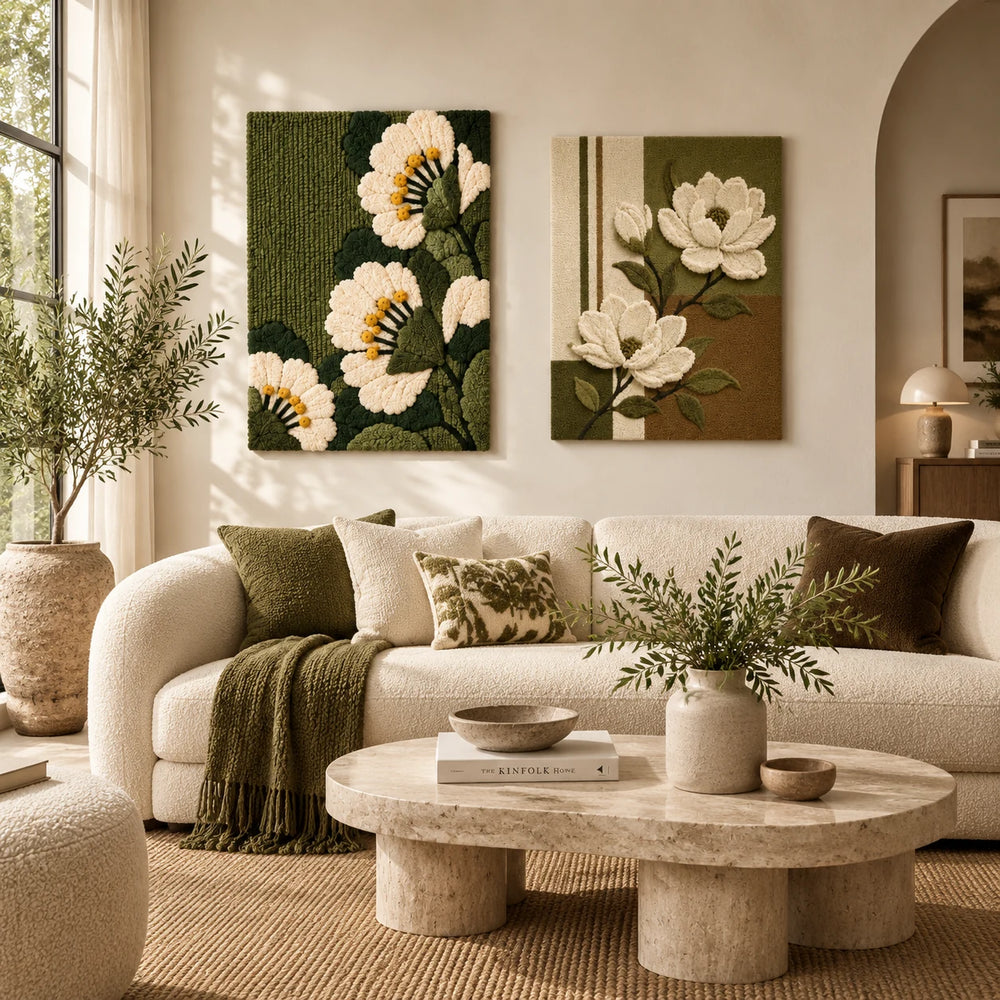 Olive Camellia Edge × Magnolia Bloom paired wool wall art in a styled room — Olive Blossom Studies
