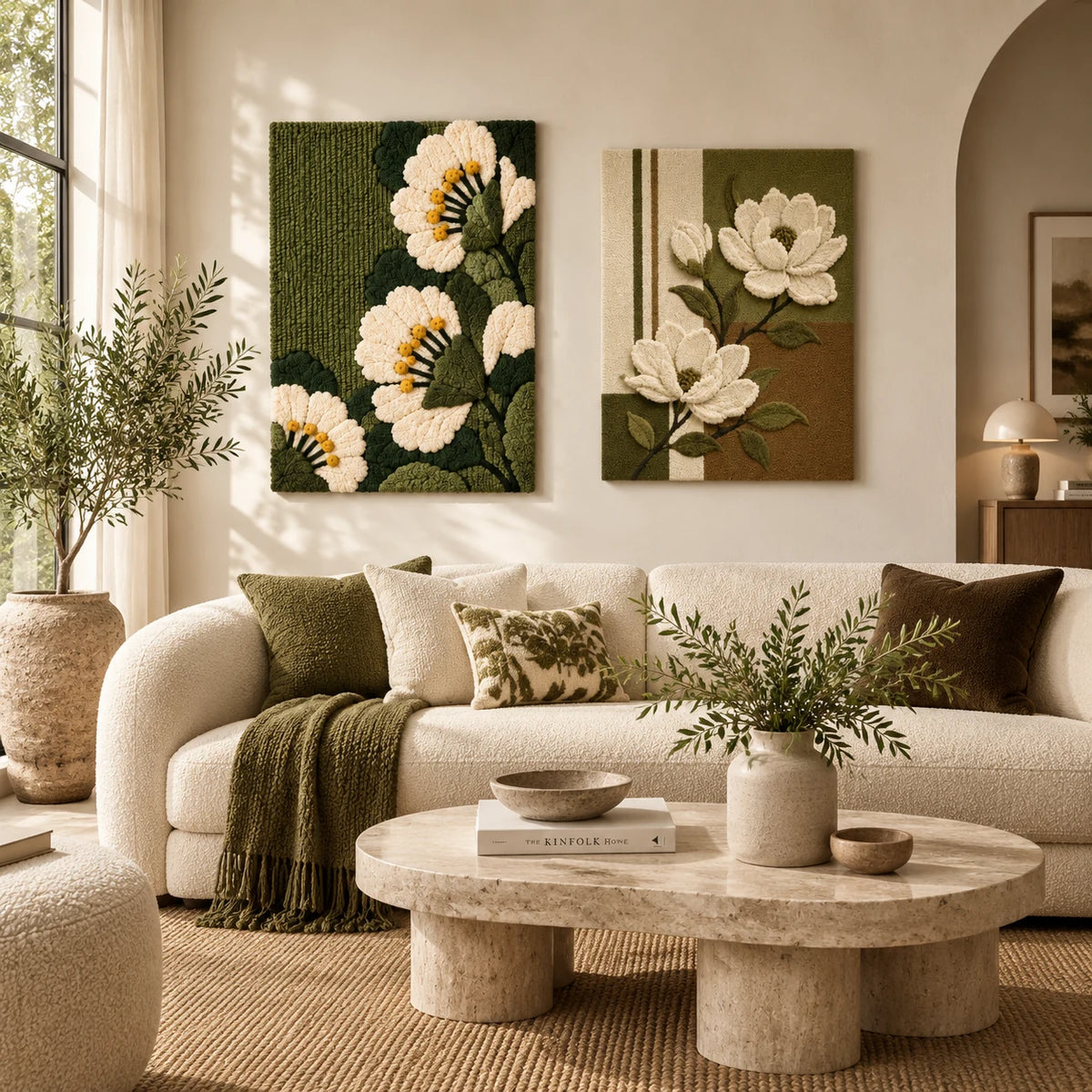 Olive Camellia Edge × Magnolia Bloom paired wool wall art in a styled room — Olive Blossom Studies