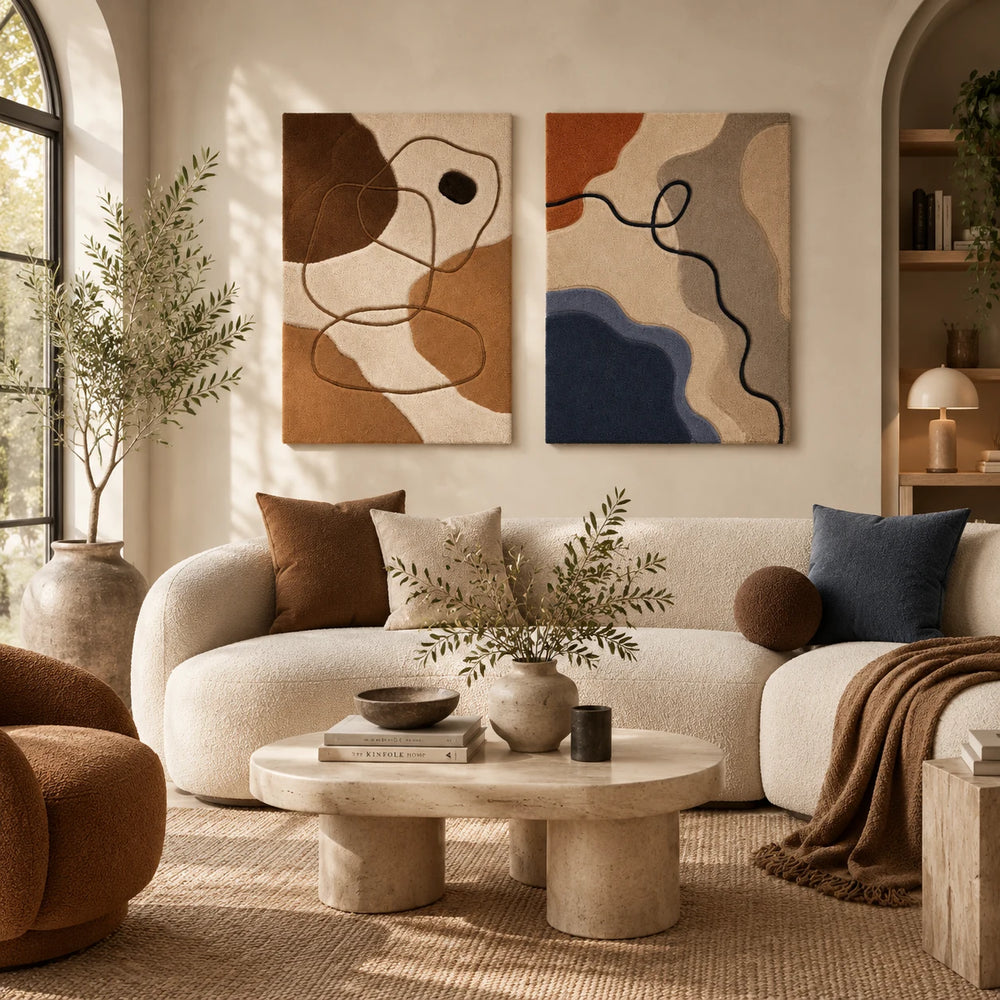 Contour Lines × Wandering Line paired wool wall art in a styled room — Quiet Wandering Lines