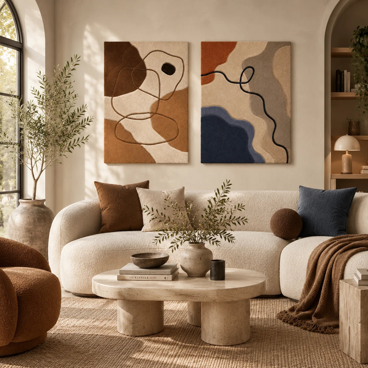 Contour Lines × Wandering Line paired wool wall art in a styled room — Quiet Wandering Lines