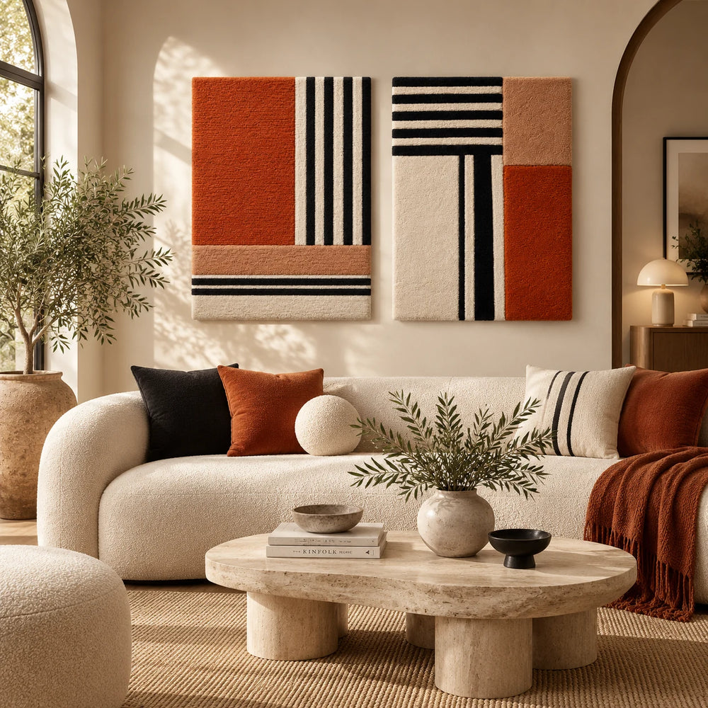 Vermilion Stripe Crossing × Terracotta Crossline Study paired wool wall art in a styled room — Terracotta Crossings