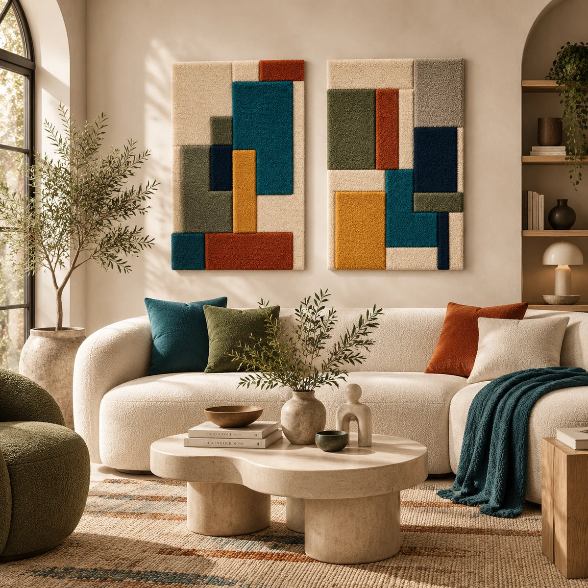 Teal Tower with a Rust Foundation × Cobalt and Ochre Stacked Planes paired wool wall art in a styled room — Teal and Earth Towers