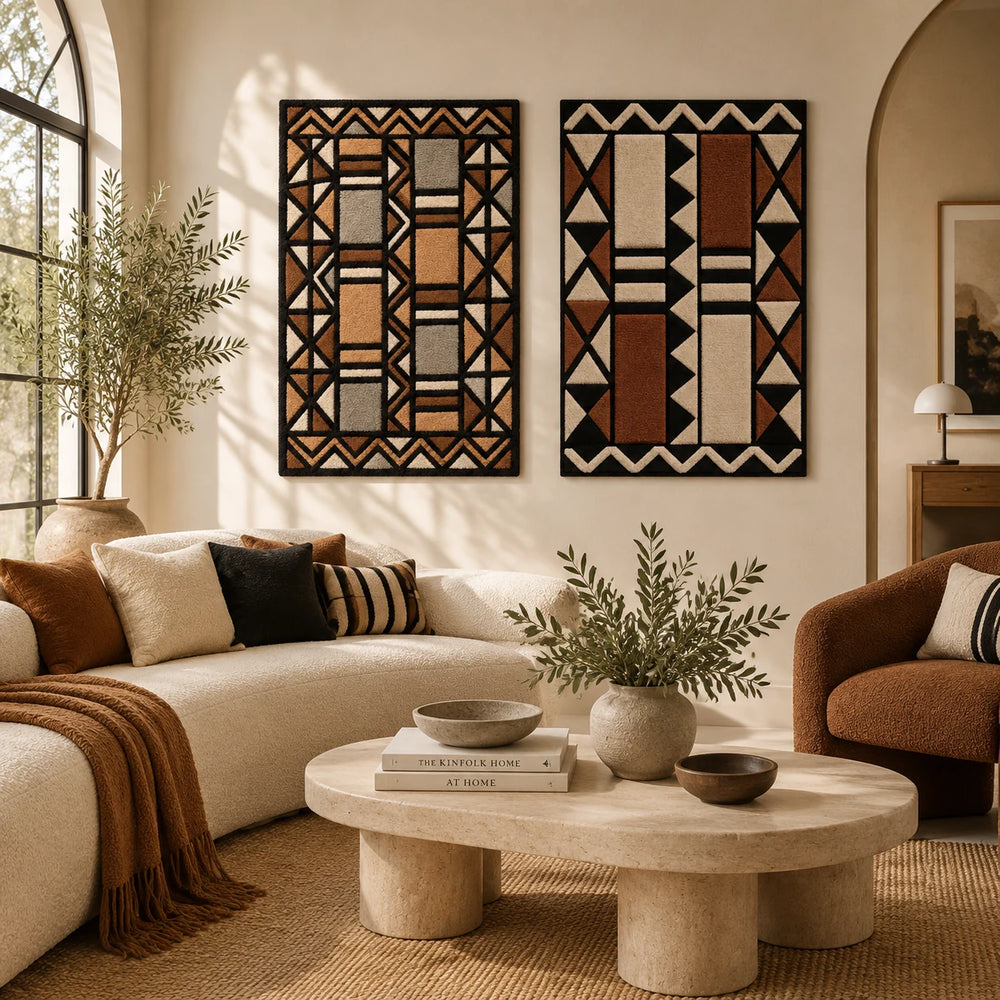 Copper Lattice Path × Terracotta Triangle Columns paired wool wall art in a styled room — Terracotta Lattice Rhythm