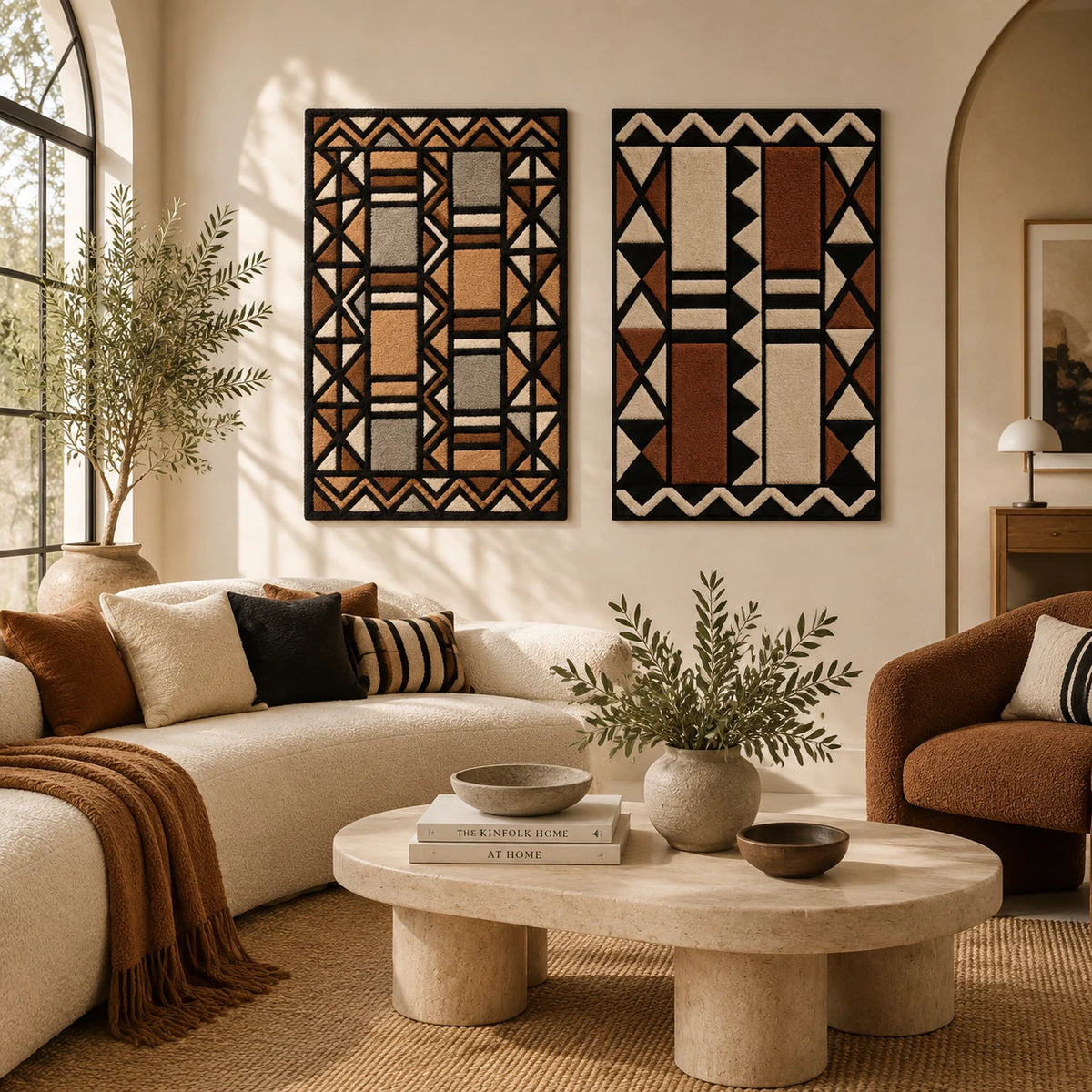 Copper Lattice Path × Terracotta Triangle Columns paired wool wall art in a styled room — Terracotta Lattice Rhythm