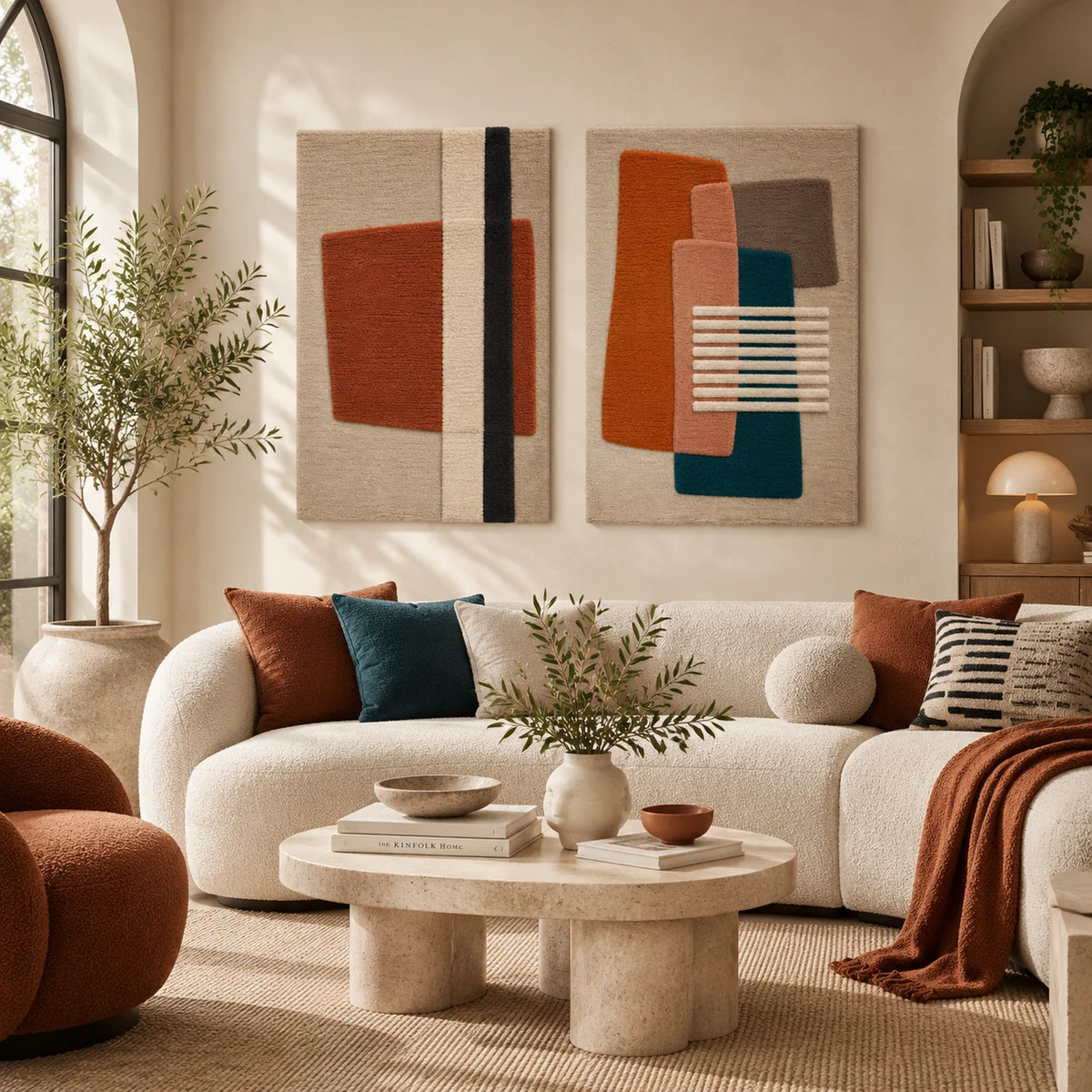 Terracotta Bar and Shadow × Teal Terracotta Crossbars paired wool wall art in a styled room — Terracotta and Quiet Lines