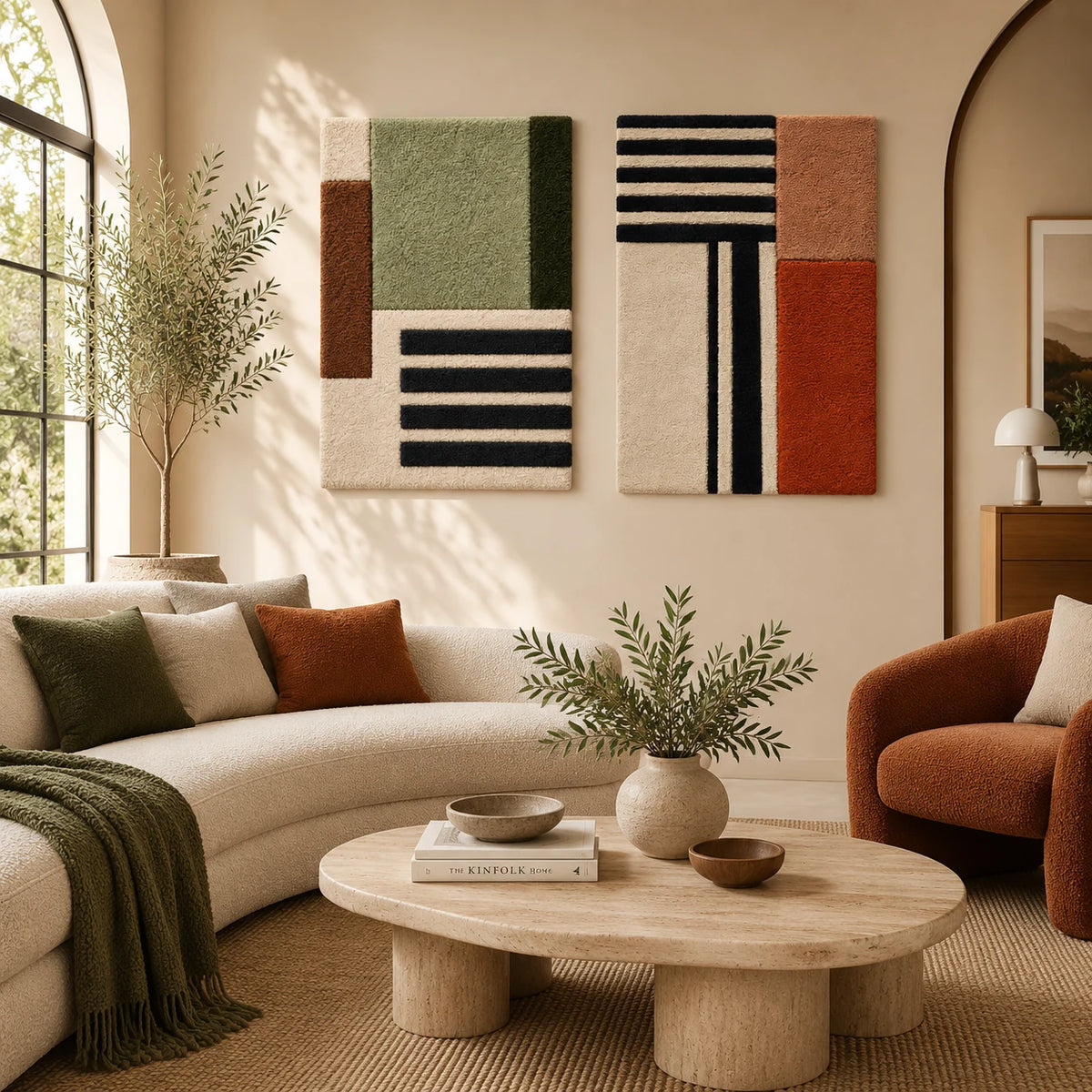 Sage Stripe Study × Terracotta Crossline Study paired wool wall art in a styled room — Sage and Terracotta Lines