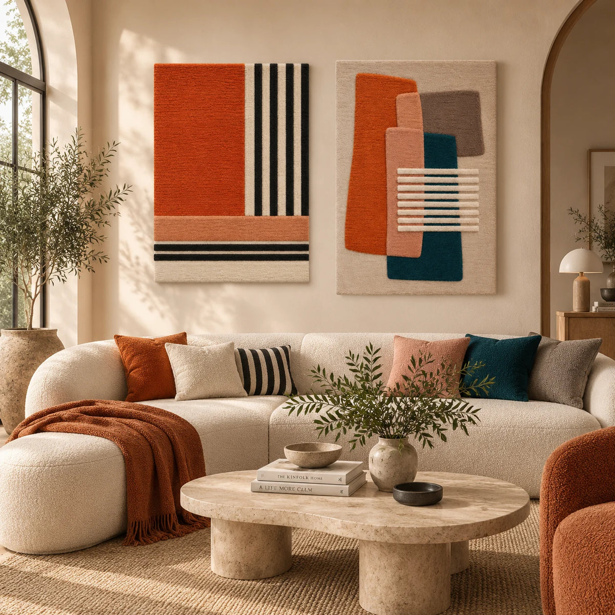Vermilion Stripe Crossing × Teal Terracotta Crossbars paired wool wall art in a styled room — Terracotta Stripe Balance