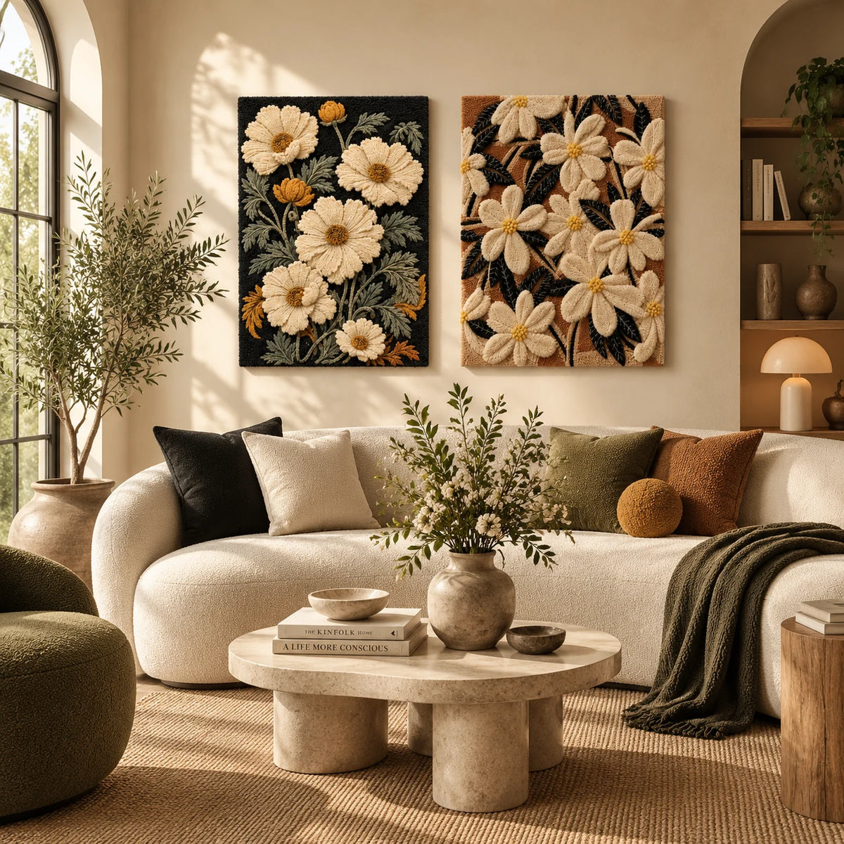 Cream Cosmos on Black × Wildflower Nocturne paired wool wall art in a styled room — Cream Nocturne Blossoms