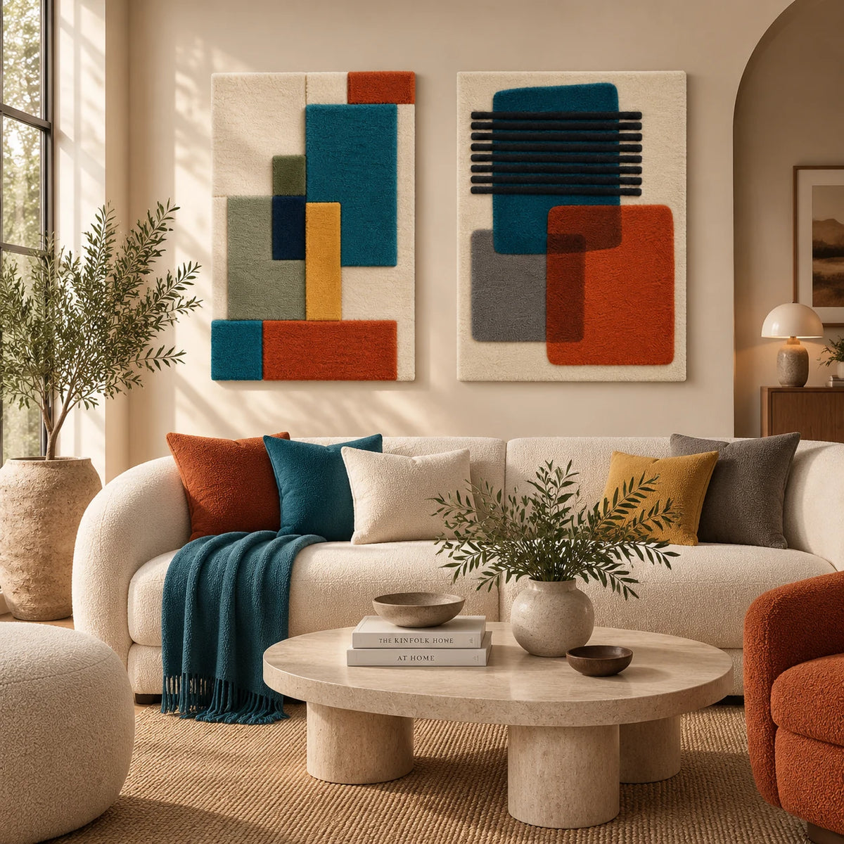 Teal Tower with a Rust Foundation × Teal Ember Bar Overlap paired wool wall art in a styled room — Teal Assembly