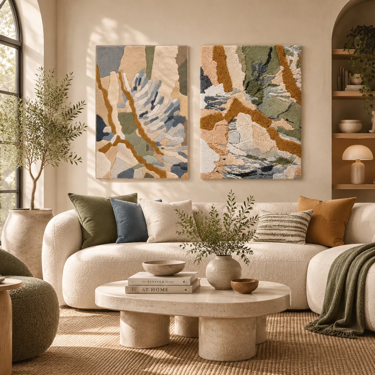 Pale Blue Frond Study × The Moss and Limestone Passage paired wool wall art in a styled room — Moss and Pale Stone