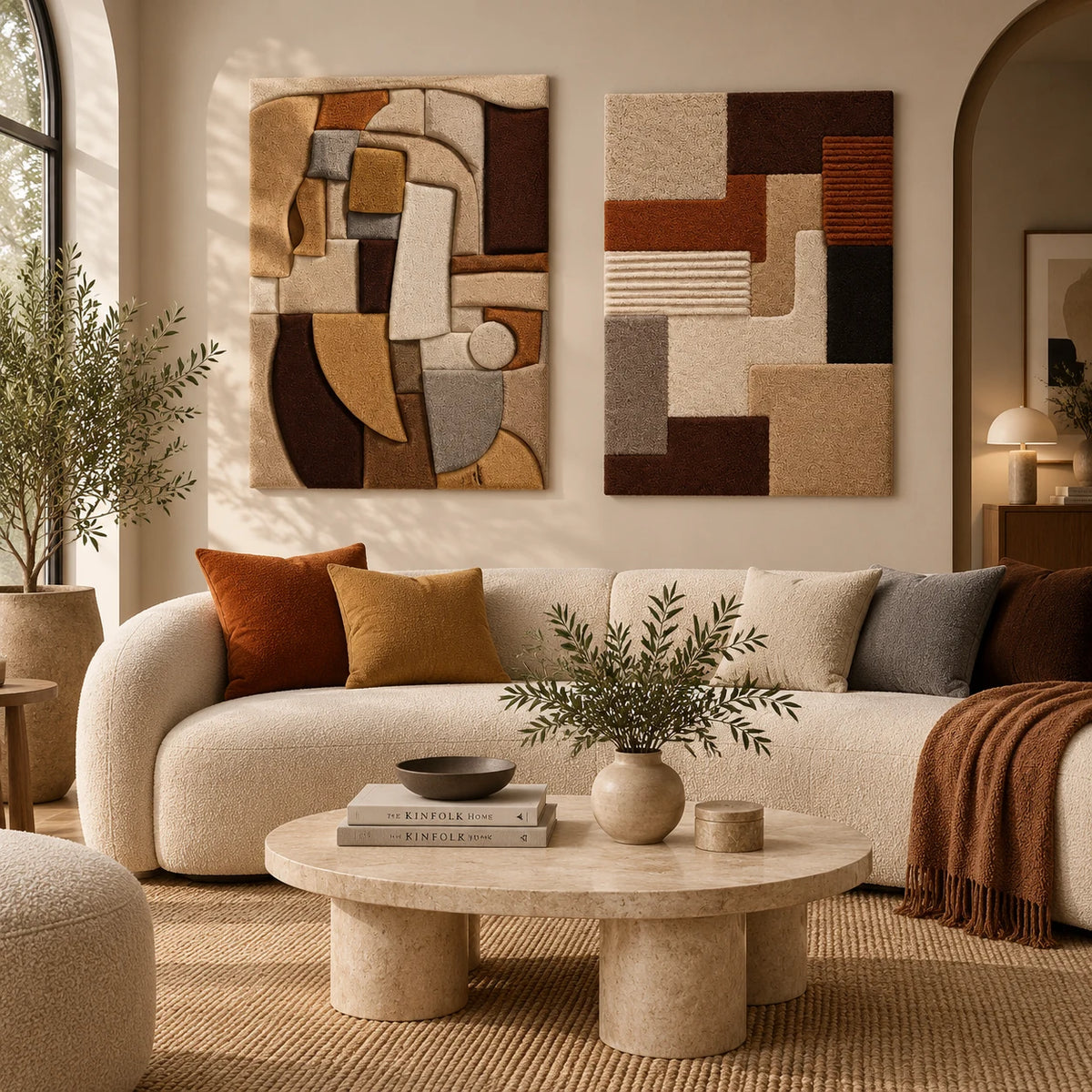 Cubist Hearth × Woven Blocks paired wool wall art in a styled room — Cubist Earth Layers