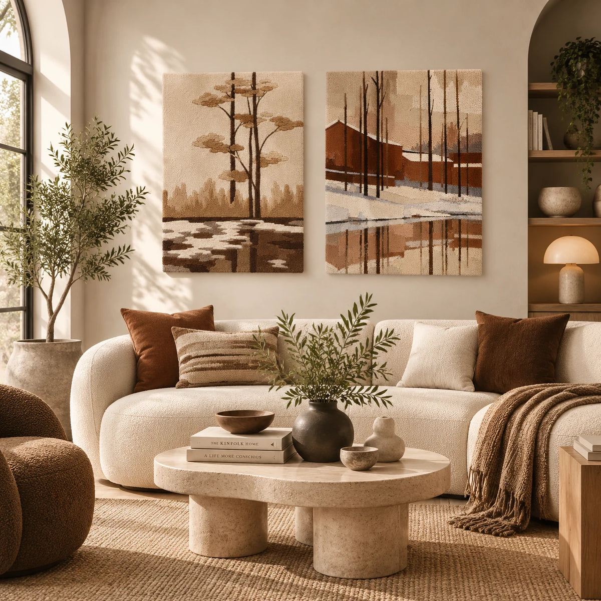 Pine Reflection × Terracotta Winter paired wool wall art in a styled room — Earth and Winter Reflections