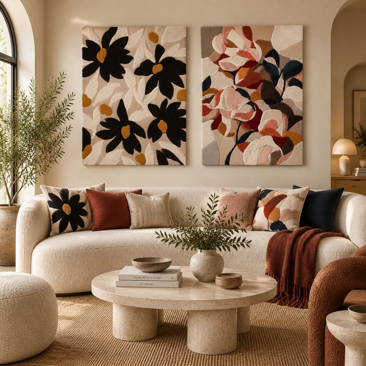 Black Daisies and Ochre Seeds × The Cinnamon Rose Stem paired wool wall art in a styled room — Cinnamon Garden Shadows