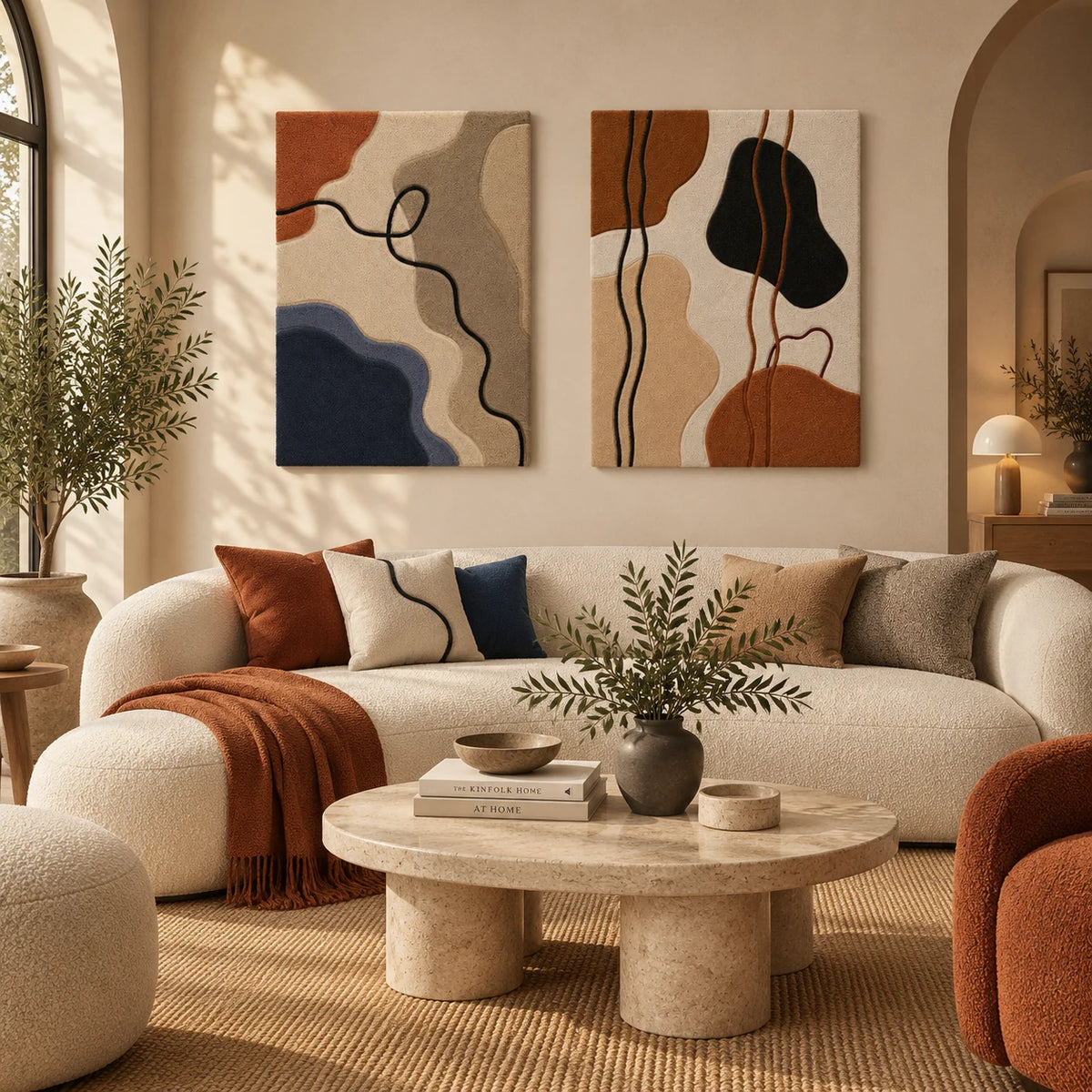 Wandering Line × Organic Line Abstract paired wool wall art in a styled room — Wandering Earth Lines