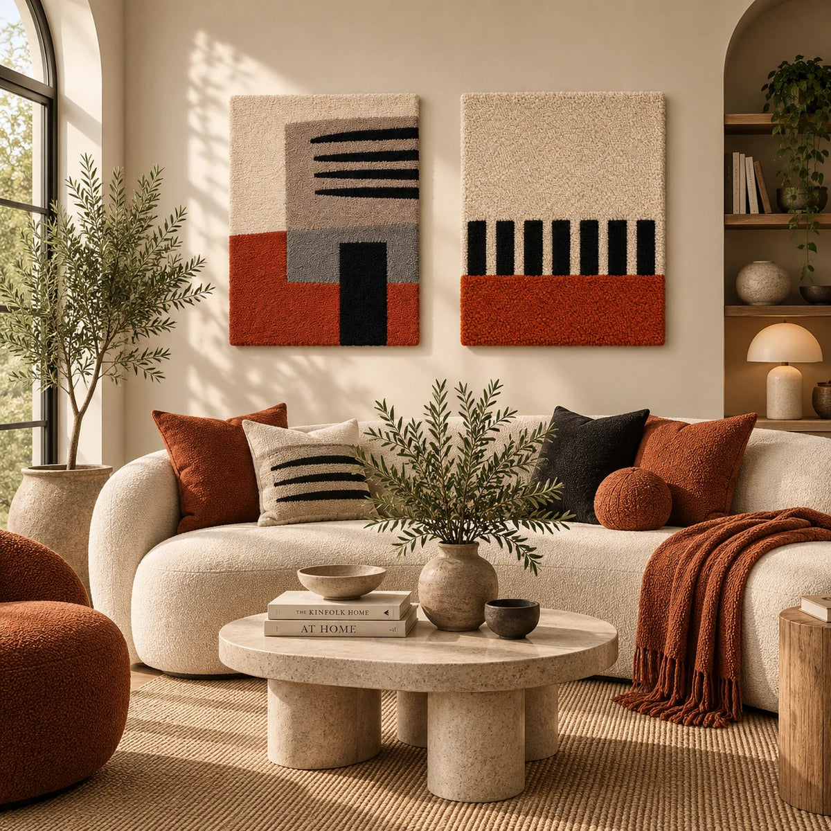 Terracotta Comb Study × Terracotta Piano Bars paired wool wall art in a styled room — Terracotta Quiet Beats