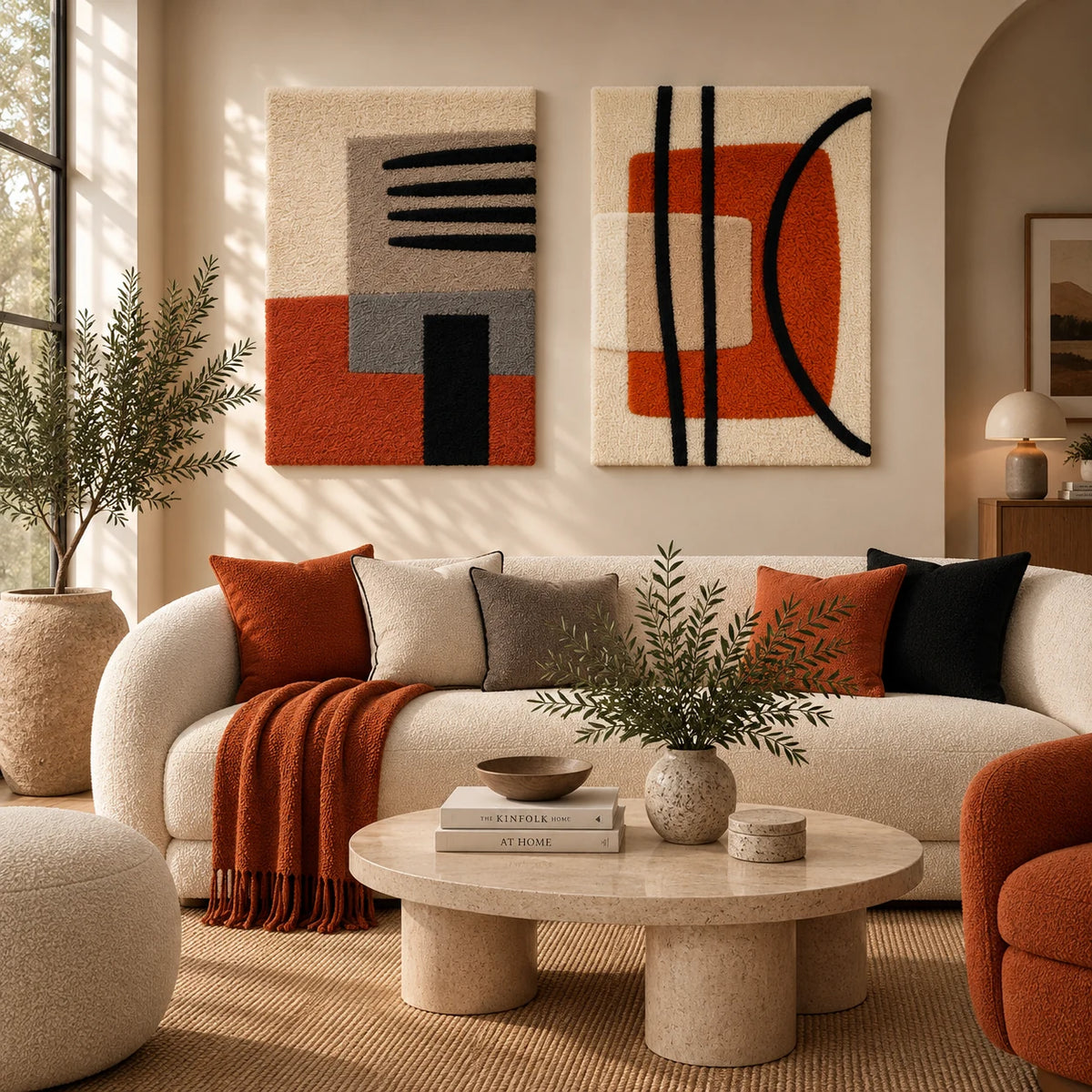 Terracotta Comb Study × Black Arc over a Clay Square paired wool wall art in a styled room — Vermilion Line Rhythm