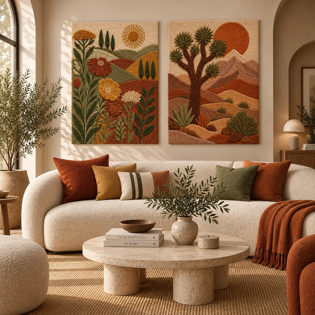 Cinder Umber × Afterglow Fjord paired wool wall art in a styled room — Desert Botanica