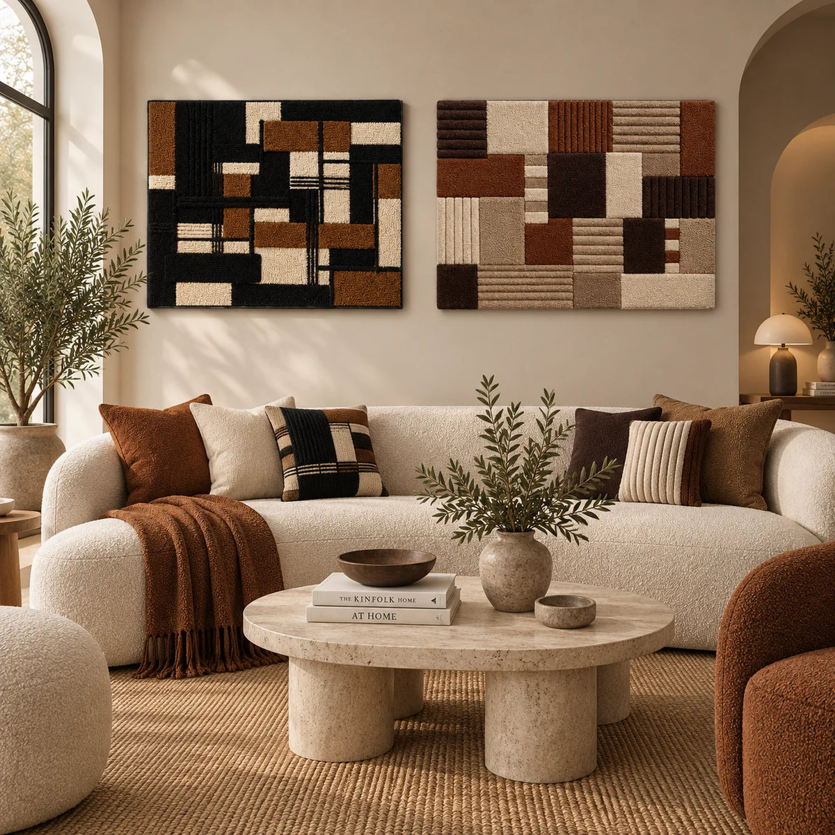 Mondrian Composition × Walnut Ribbed Patchwork paired wool wall art in a styled room — Walnut Grid Dialogue